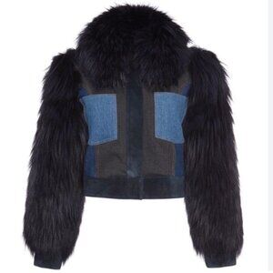 SONIA RYKIEL PARIS FOX FUR & Denim Leather Suede Patchwork Cropped Jacket